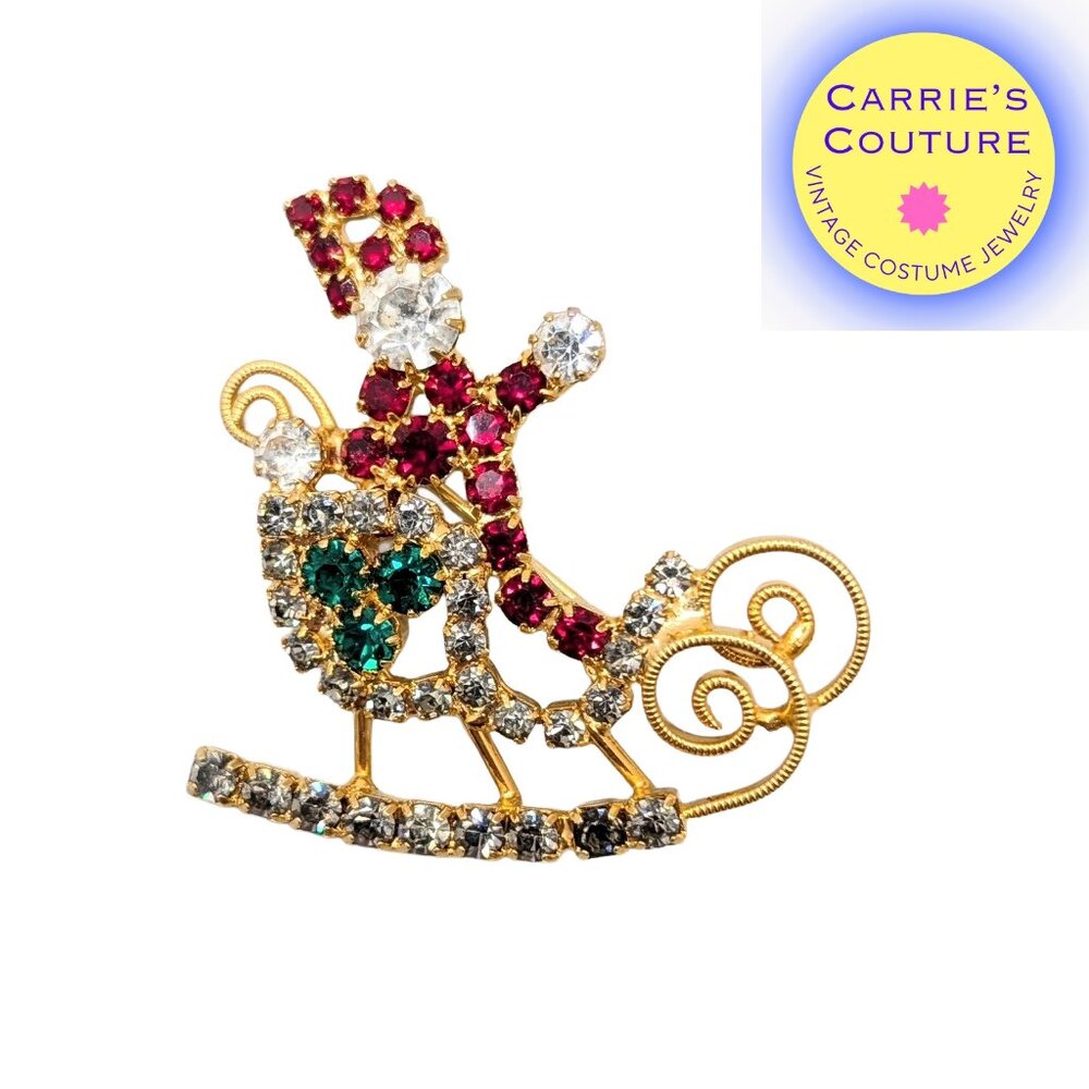 Vintage 1960s Signed Hobe Rhinestone Santa Claus in His Sleigh Brooch